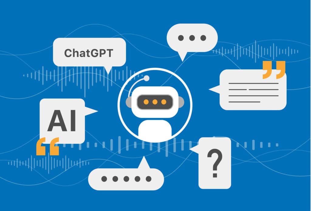 AI chatbot communication with speech bubbles and digital wave background.