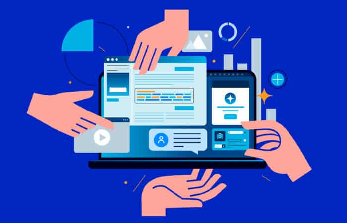Digital collaboration with multiple hands managing online content and devices.