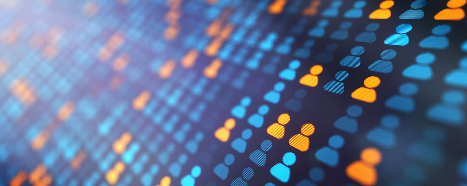 Digital data visualization with glowing blue and orange dots and lines.