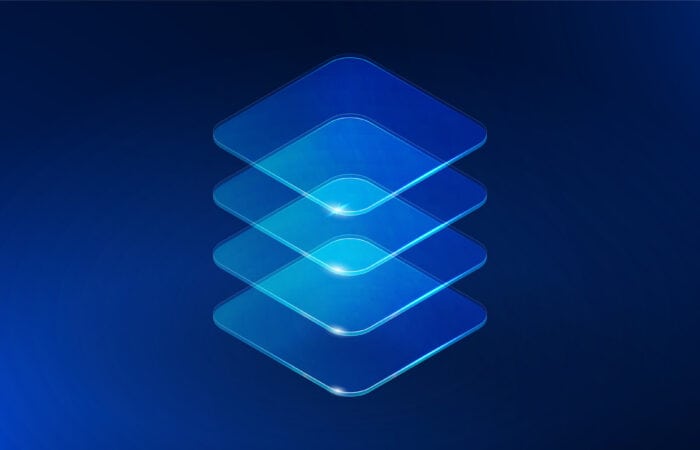 Abstract vertical glass blocks symbolizing scalable digital systems, AI architecture and data growth. Futuristic blue technology background with transparent shapes, minimal design and copy space. Futuristic digital layers representing data management and technology.