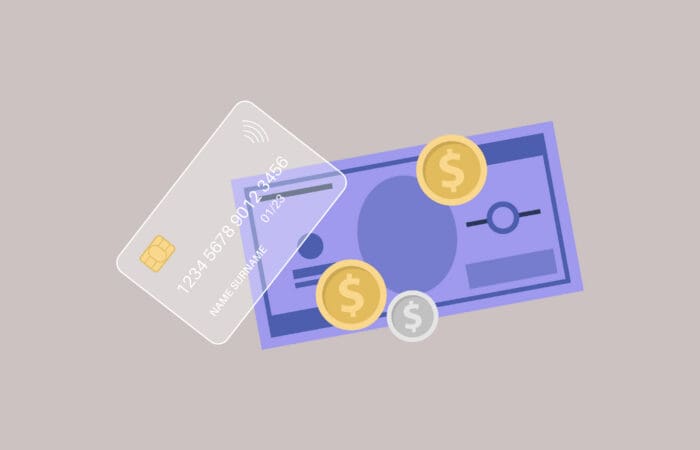 Digital payment with credit card, cash, and coins for business transactions.