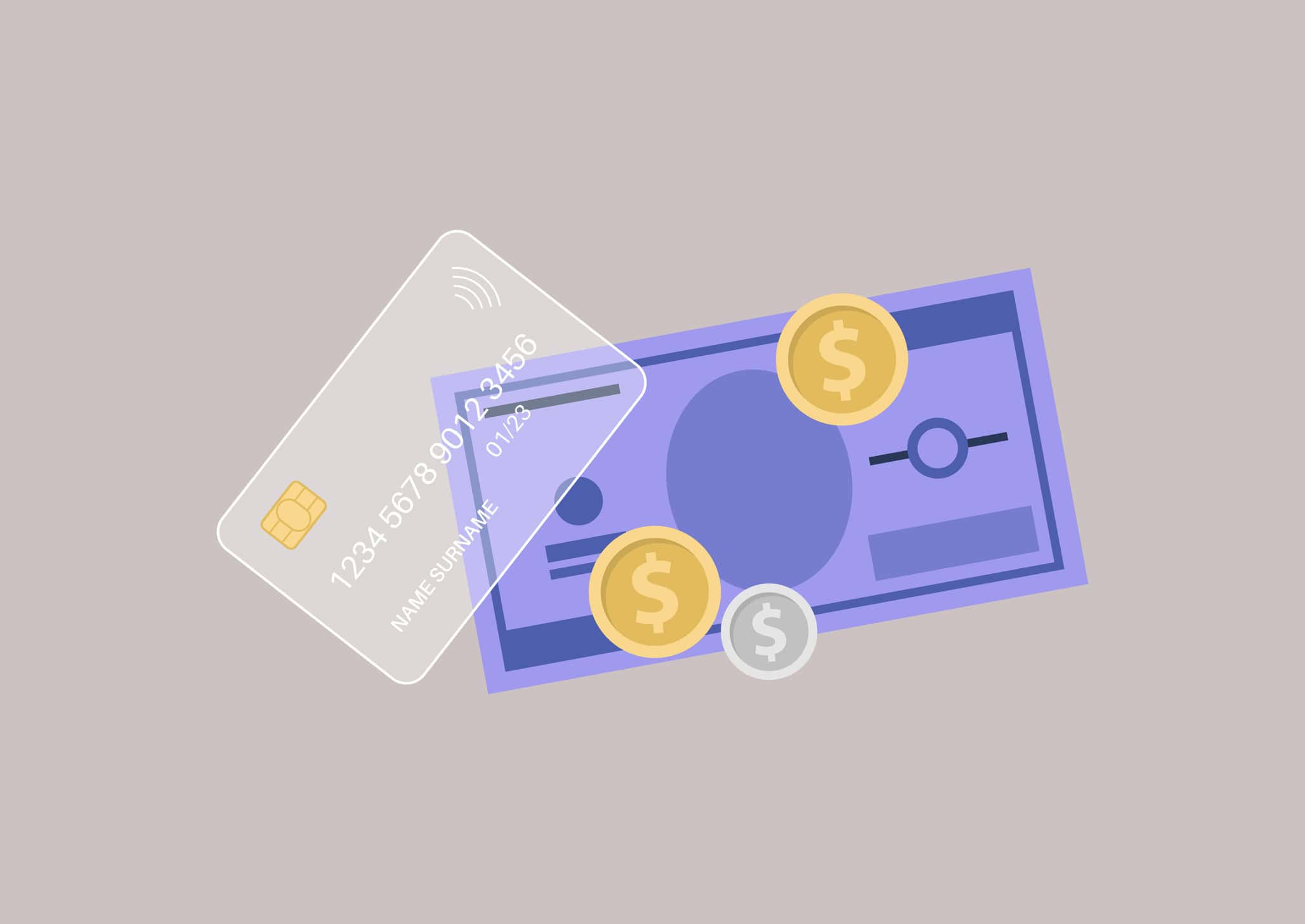 Digital payment with credit card, cash, and coins for business transactions.